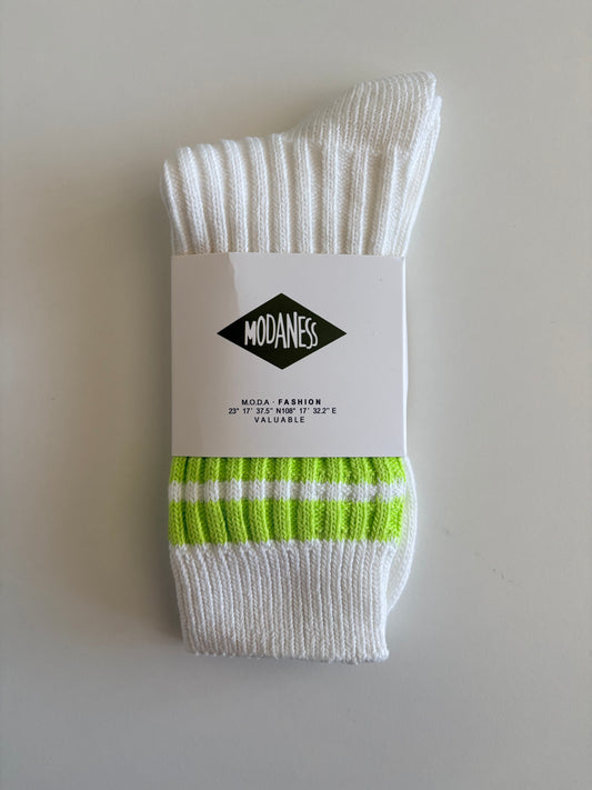 Unisex Retro Athletic Ribbed White Crew Socks with Double Stripes. Orange, Black, Red, Purple and Flourescent Green