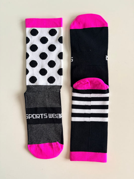 Men’s Professional Pink, Red, Lime Green & Black Polka Dot and Stripe Designs Cycling Socks / Compression, Moisture-Wicking & High Elasticity & Breathable
