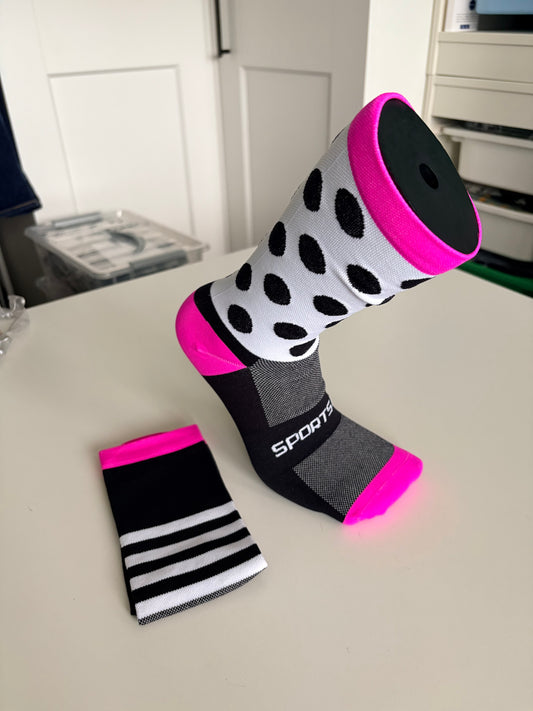 Men’s Professional Pink, Red, Lime Green & Black Polka Dot and Stripe Designs Cycling Socks / Compression, Moisture-Wicking & High Elasticity & Breathable