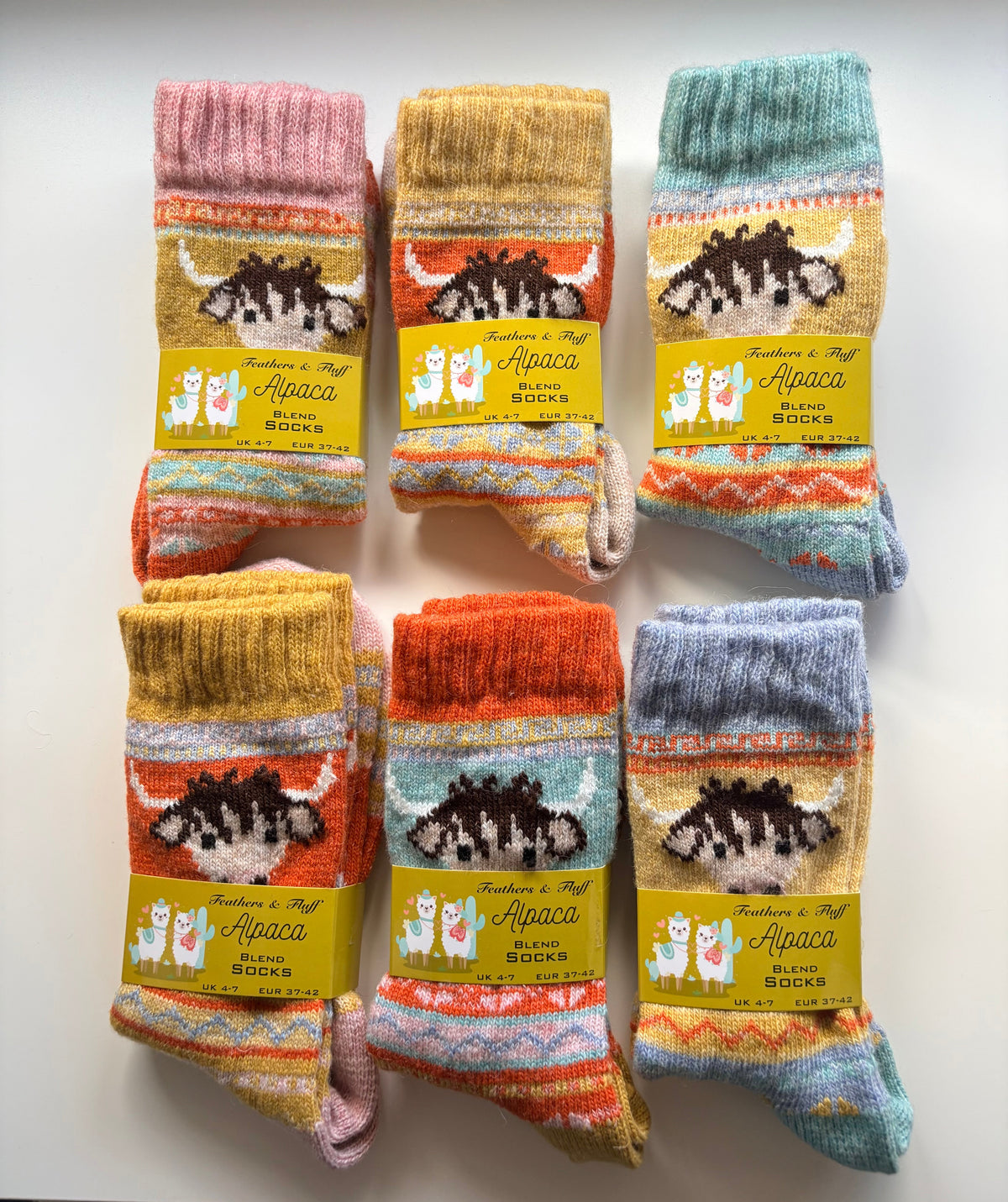 Women’s Alpaca Nordic Socks - Warm & Cosy with Embroidered Cow / Feathers & fluff