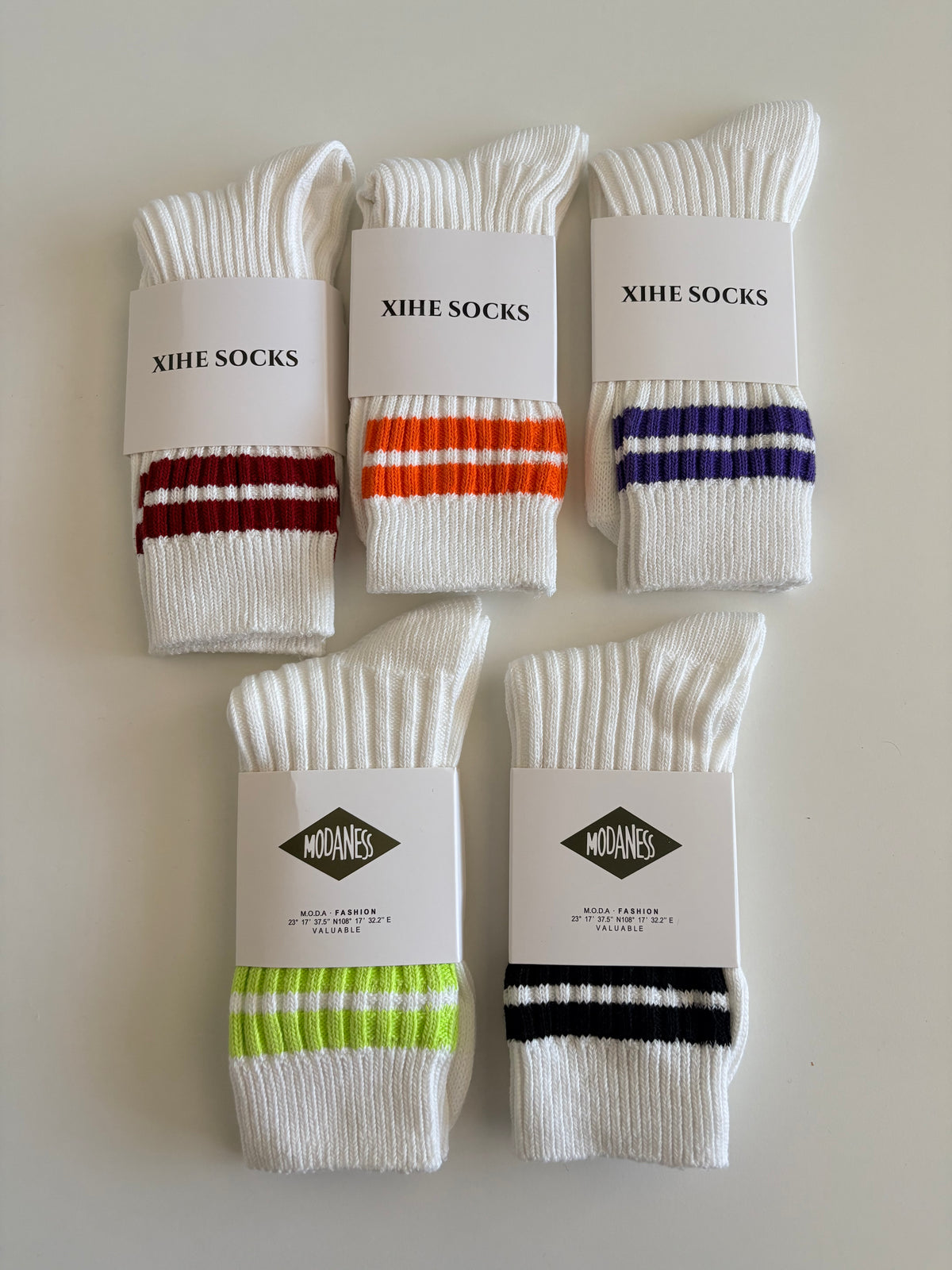 Unisex Retro Athletic Ribbed White Crew Socks with Double Stripes. Orange, Black, Red, Purple and Flourescent Green