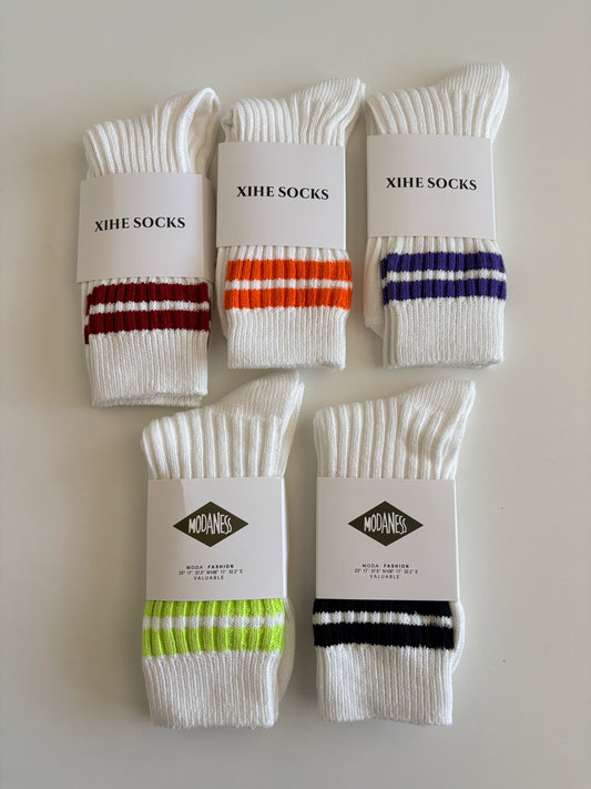 Unisex Retro Athletic Ribbed White Crew Socks with Double Stripes. Orange, Black, Red, Purple and Flourescent Green