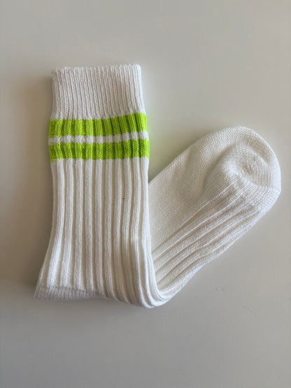 Unisex Retro Athletic Ribbed White Crew Socks with Double Stripes. Orange, Black, Red, Purple and Flourescent Green