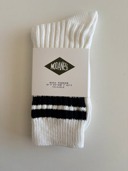 Unisex Retro Athletic Ribbed White Crew Socks with Double Stripes. Orange, Black, Red, Purple and Flourescent Green