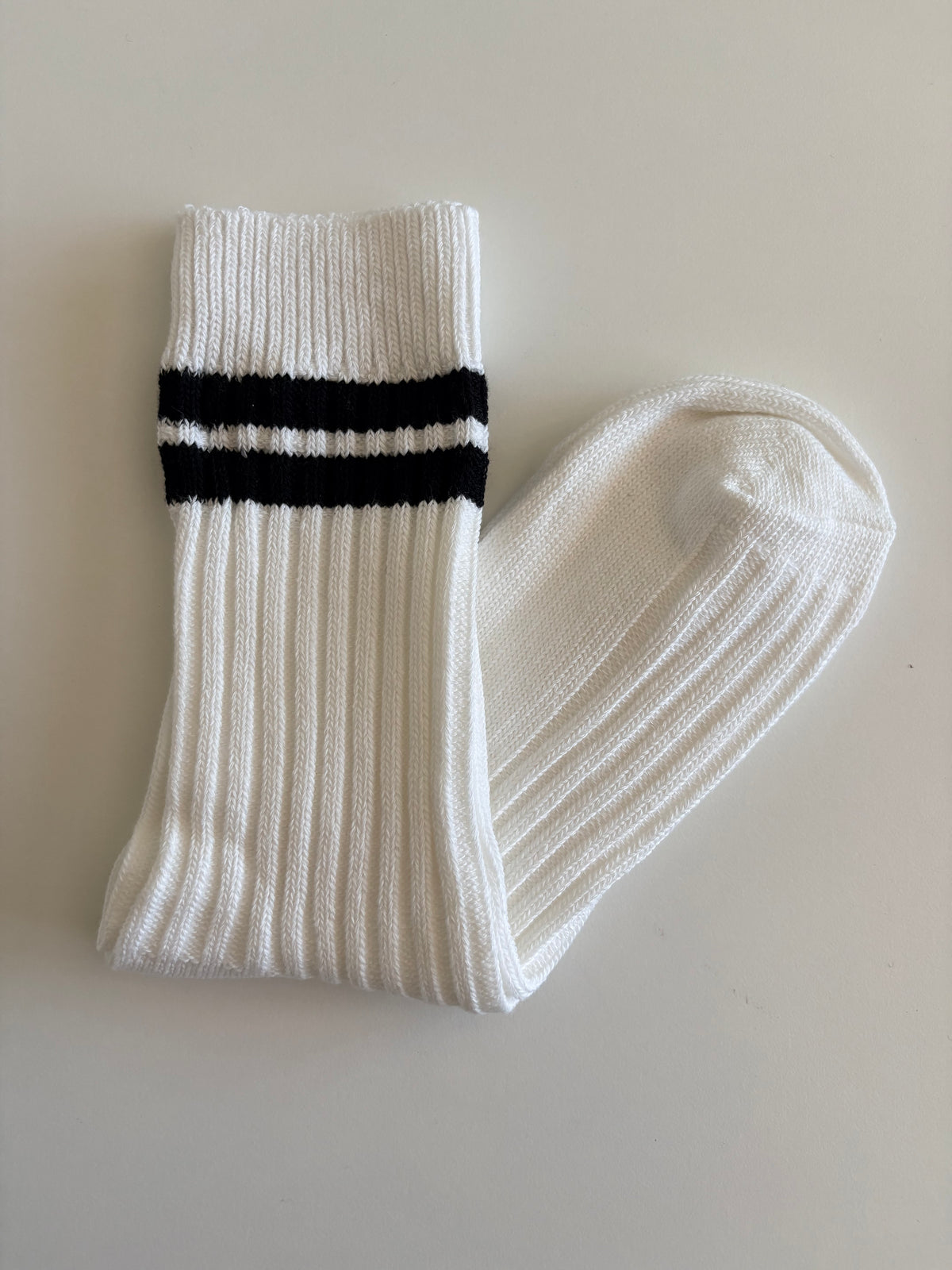 Unisex Retro Athletic Ribbed White Crew Socks with Double Stripes. Orange, Black, Red, Purple and Flourescent Green
