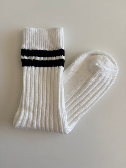 Unisex Retro Athletic Ribbed White Crew Socks with Double Stripes. Orange, Black, Red, Purple and Flourescent Green