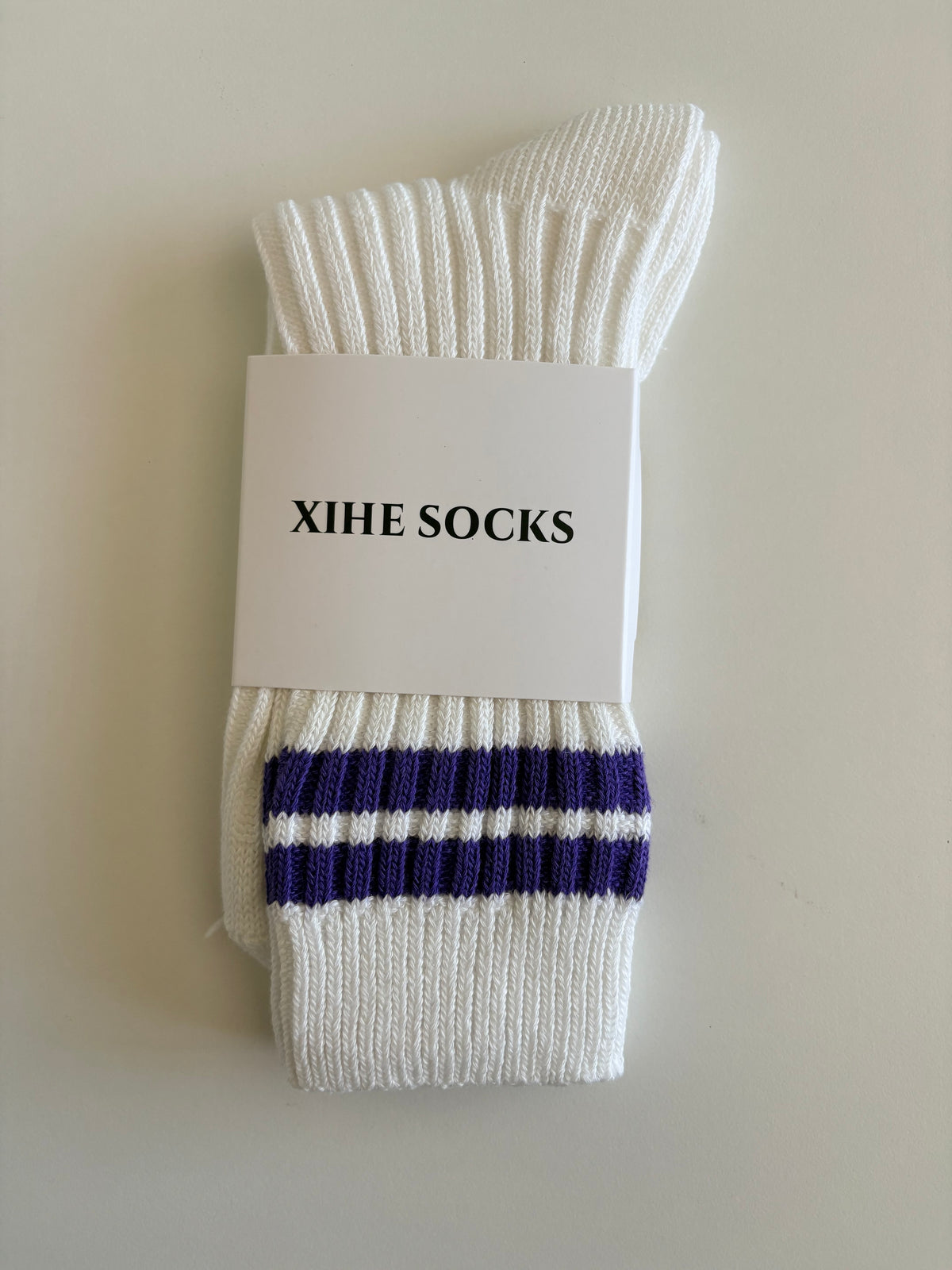 Unisex Retro Athletic Ribbed White Crew Socks with Double Stripes. Orange, Black, Red, Purple and Flourescent Green