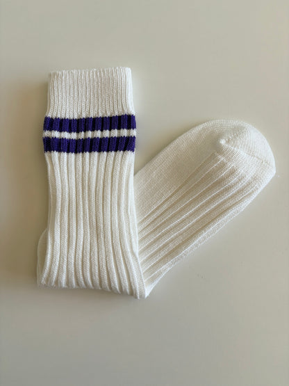 Unisex Retro Athletic Ribbed White Crew Socks with Double Stripes. Orange, Black, Red, Purple and Flourescent Green