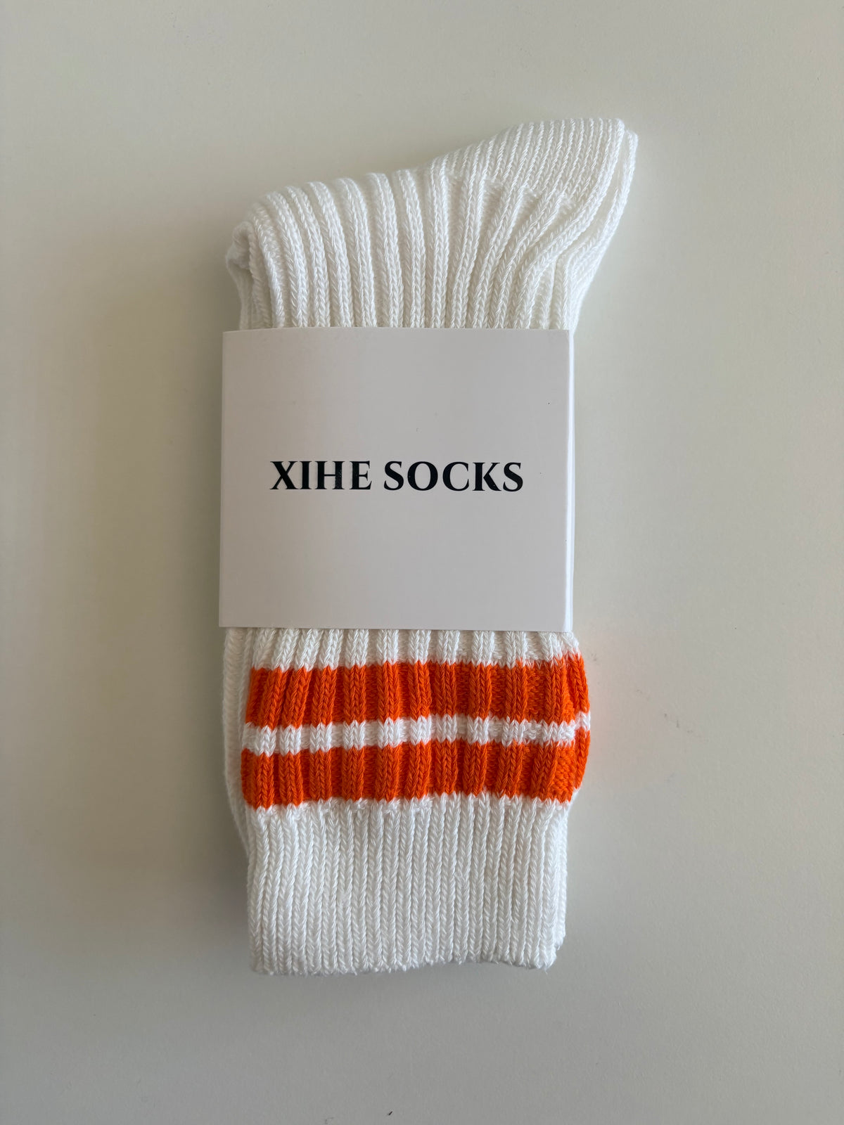 Unisex Retro Athletic Ribbed White Crew Socks with Double Stripes. Orange, Black, Red, Purple and Flourescent Green