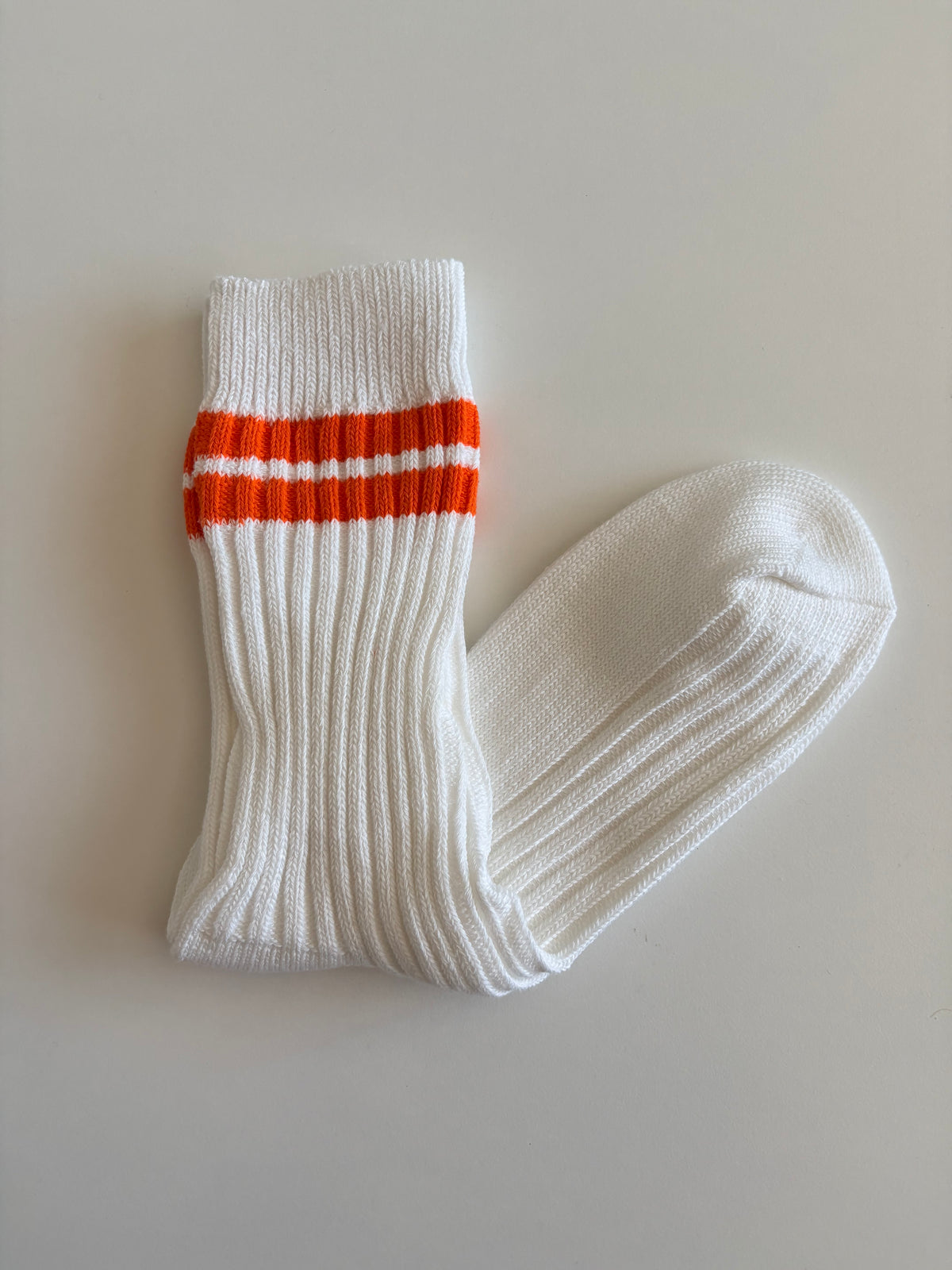 Unisex Retro Athletic Ribbed White Crew Socks with Double Stripes. Orange, Black, Red, Purple and Flourescent Green