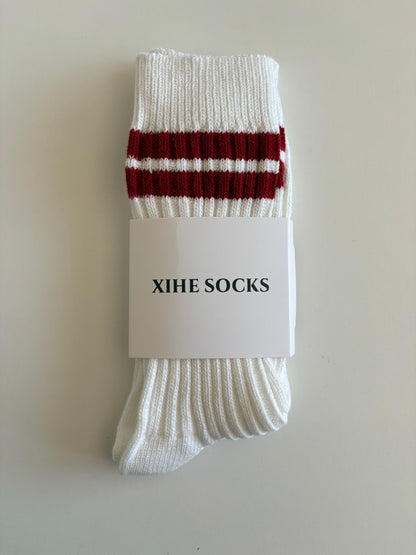 Unisex Retro Athletic Ribbed White Crew Socks with Double Stripes. Orange, Black, Red, Purple and Flourescent Green