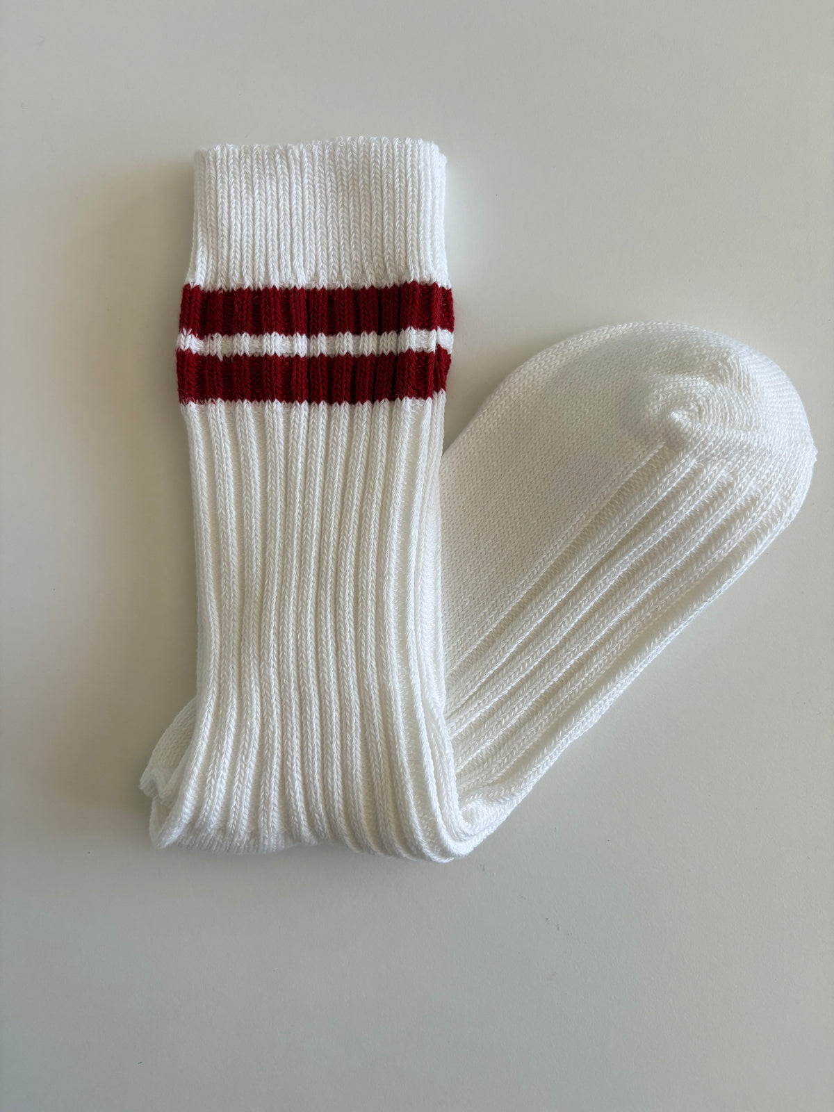Unisex Retro Athletic Ribbed White Crew Socks with Double Stripes. Orange, Black, Red, Purple and Flourescent Green