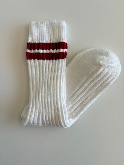 Unisex Retro Athletic Ribbed White Crew Socks with Double Stripes. Orange, Black, Red, Purple and Flourescent Green