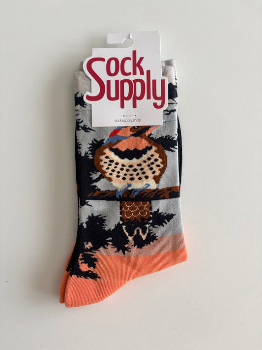 Unisex by Sock Supply. Novelty bird of prey perched on a branch.