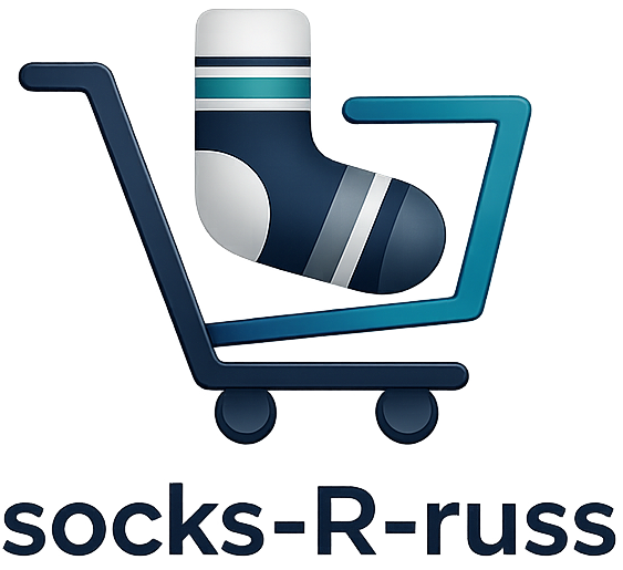Logo of 'socks-R-russ' with a sock in a shopping cart on a white background